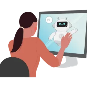 Person interacting with friendly computer robot.